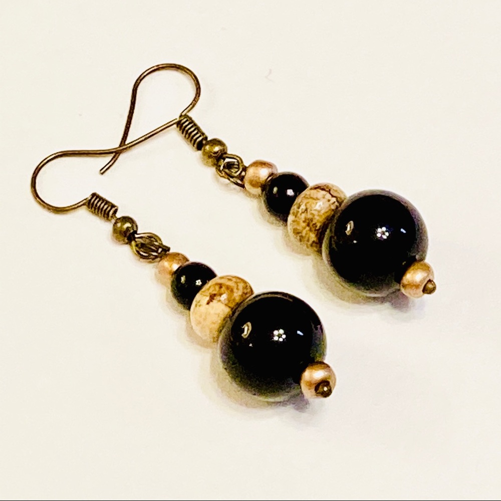 Unique BLACK AGATE Stone w/ Tan Picture Jasper Necklace & Matching Earrings Set - Picture 7 of 9